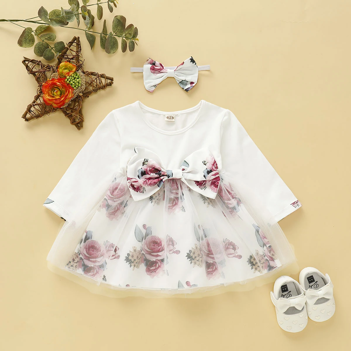 Kids Baby Girls Princess Dress Long Sleeve Bow Flower Dress Baby Girl High Waist Sundress Party Pageant Tulle Tutu Dress 6-24M