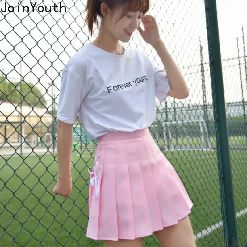 Mini Skirts Lace-Up High-Waist Summer Kawaii Saia Joinyouth Sweet Ropa Pleated 7b017