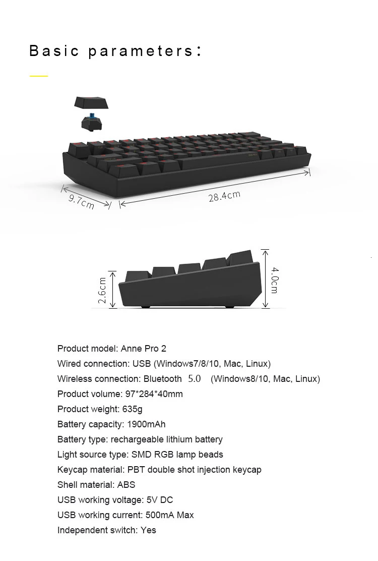 Anne Pro 2 Мини Портативная 60% механическая клавиатура Беспроводная Bluetooth 5,0 Двухрежимная Проводная Rgb подсветка Cherry Gateron Kailh Mx