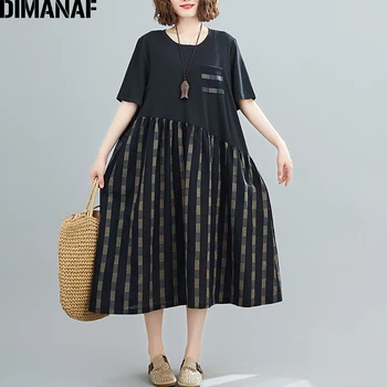 

DIMANAF Summer Plus Size Dress Women Clothing Vintage Elegant Lady Vestidos Female Sundress Loose Cotton Black Plaid Spliced