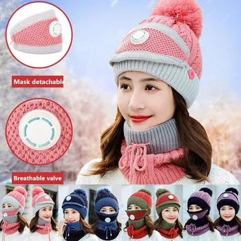 

Hat female winter cute warm knitted cotton hat set earmuffs Windproof Hat Knit Hats Scarf Sets Female Winter Wool Caps