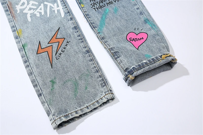 Bebovisi хип хоп Уличная рваные облегающие джинсы скинни джинсы японский граффити горящий скелет печати Мужские Jogger джинсовые брюки