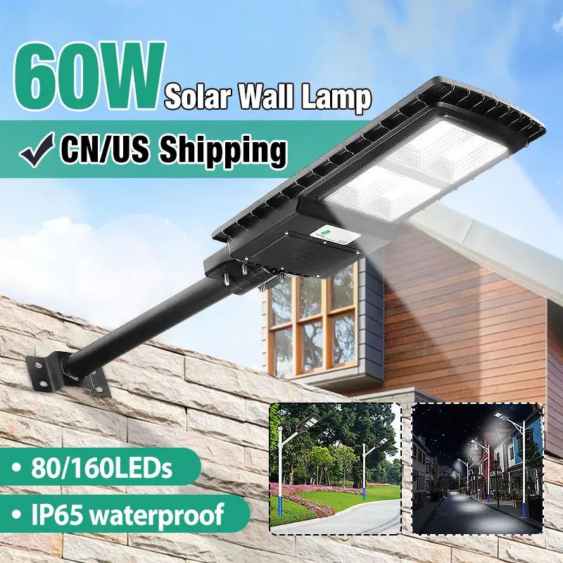 

60W LED Solar Stree Light with Light Control +Radar Sensing Timing 160LED Wall Lamp Waterproof IP65 for Plaza Garden Yard Black