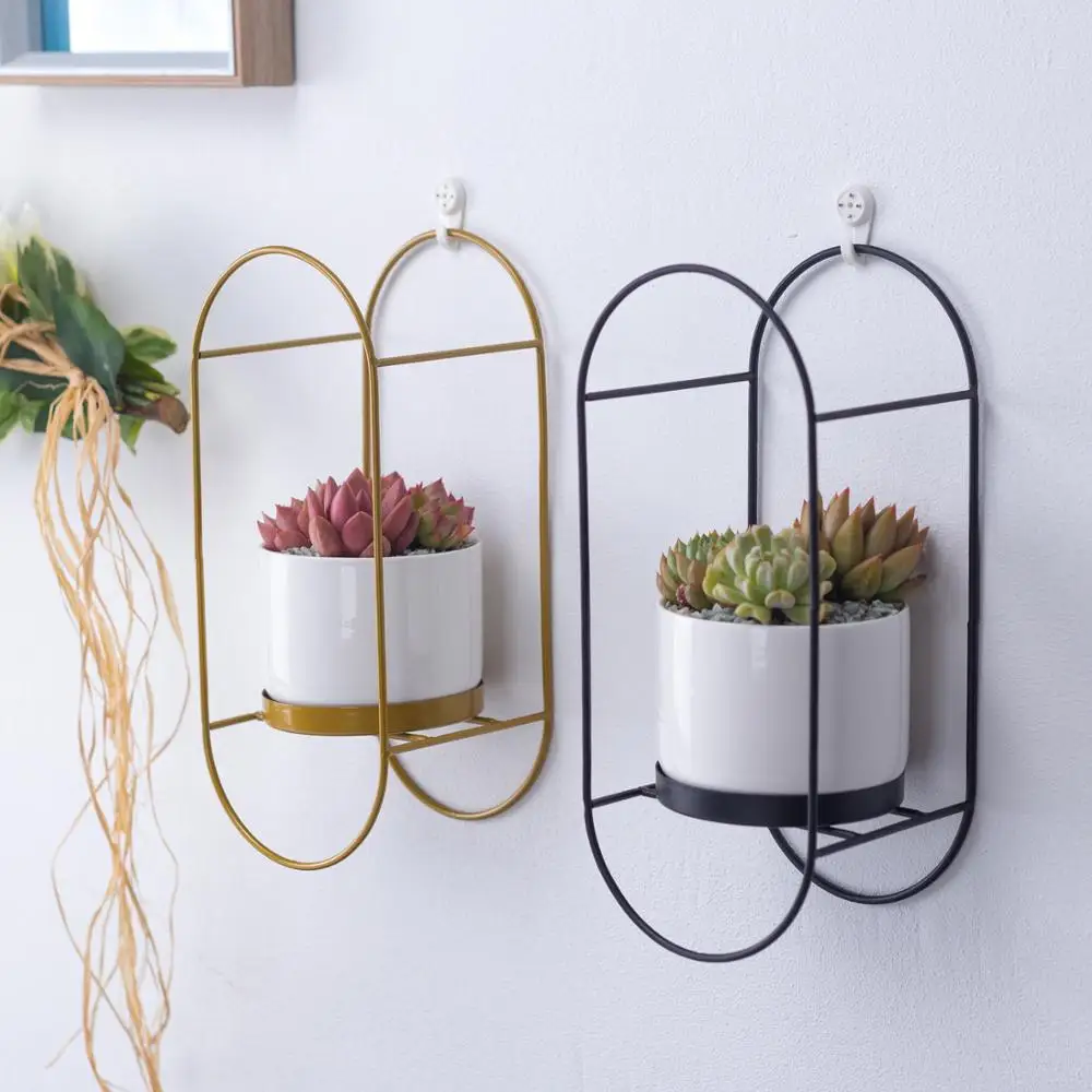 Modern Wall Hanging Flower Pot with Golden Metal Frame White Ceramic Planter Hanging Succulent Plants Pot Wall Decor Home Decor
