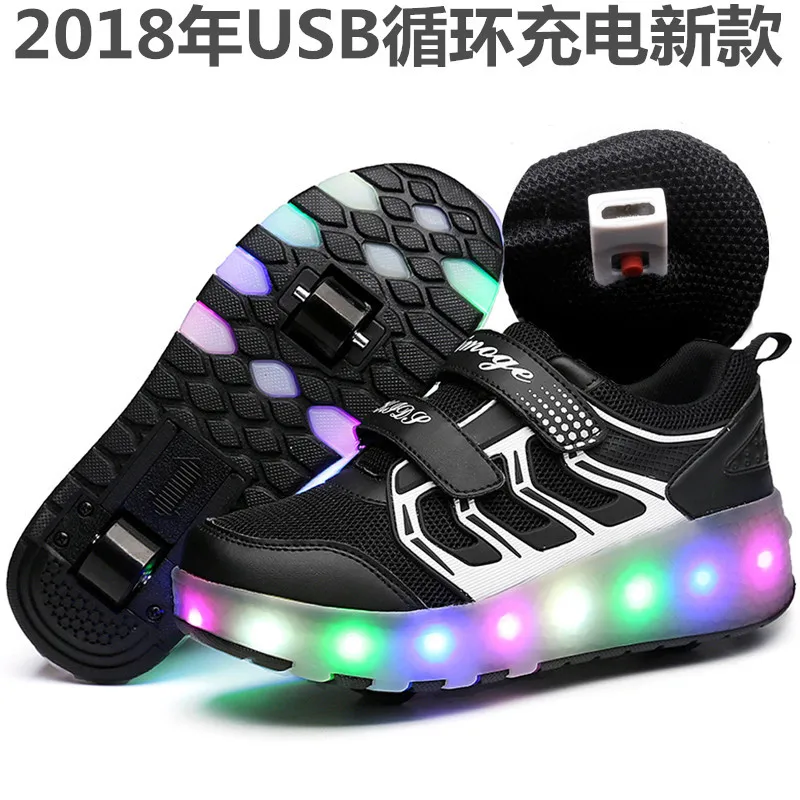 USB charge-black Новинка; синие кроссовки для мальчиков и девочек с зарядкой от USB; повседневная обувь на плоской платформе со шнуровкой; обувь для катания на роликах; Heelys - Цвет: USB charge-black