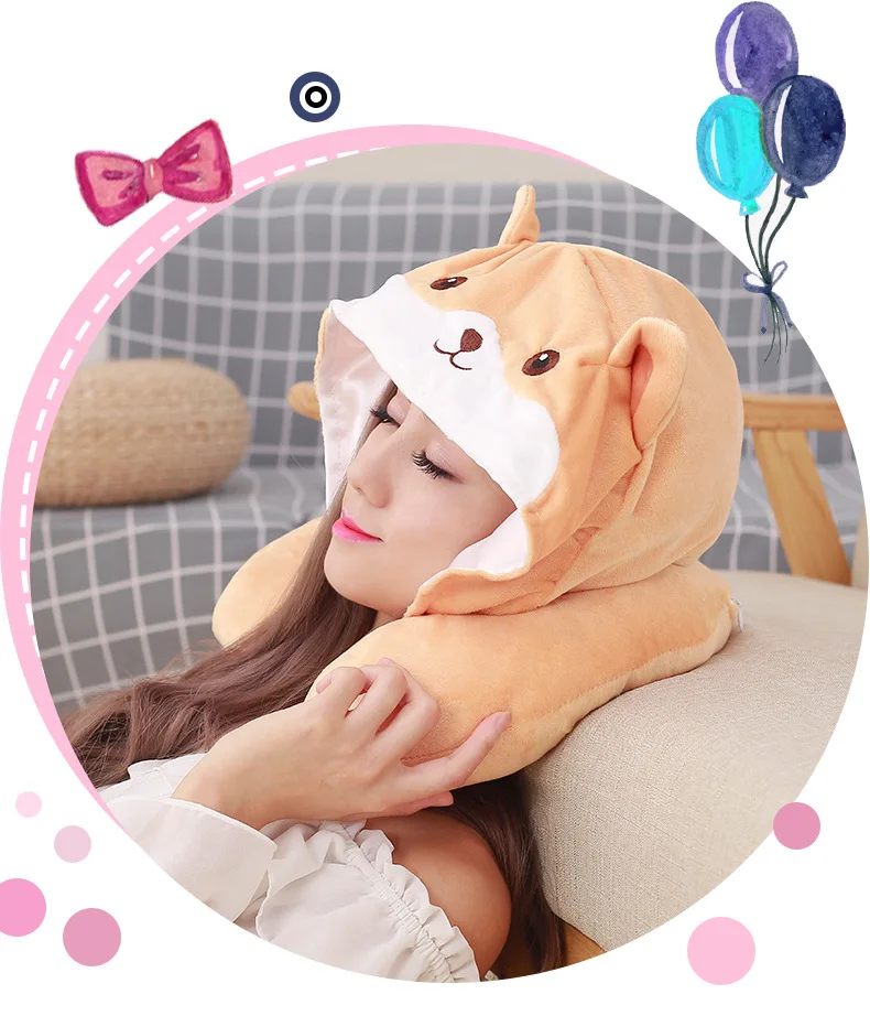 Creative Cartoon Cute Washable Two Stay Expression Plush Hooded U-SHAPE Pillow Gift Airplane Neck Pillow