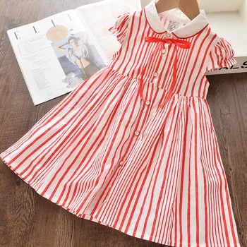 

Girl Dress Summer Toddler Kid Girl College Style Lapel Vertical Stripe Bow Decoration Cotton Children Dresses