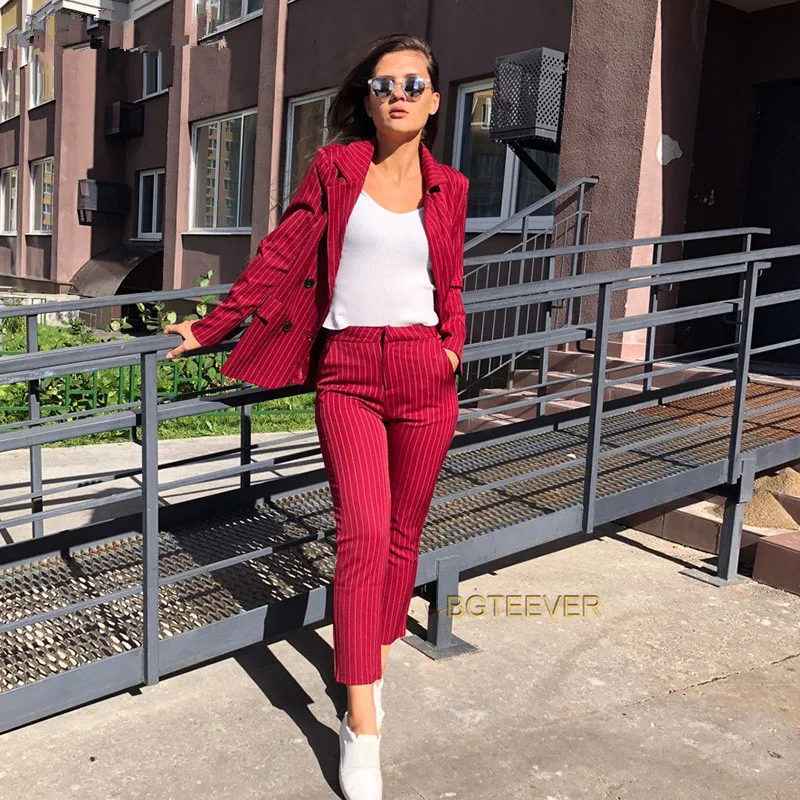 

Work Pant Suits OL 2 Piece Sets Double Breasted Striped Blazer Jacket & Zipper Trousers Suit For Women Set Feminino Autumn Suits