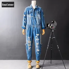 

Denim Jumpsuits Mens Spring New High Street Hip Hop Playsuit Turn-Down Collar Concise Casual Sets Male Vintage Korean Overalls