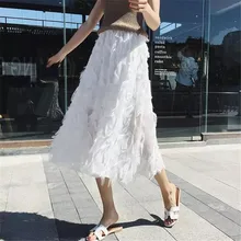 Новинка, фатиновые юбки с цветочной вышивкой и кисточками, Юбка До Колена с высокой талией, плиссированная юбка с высокой талией, женские юбки-пачки