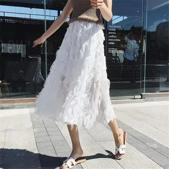 

2020 New Feather Floral Embroidery Tulle Skirts Tassel High Waist Knee Length Skirt High Waist Pleated Skirt Female Tutu Skirts