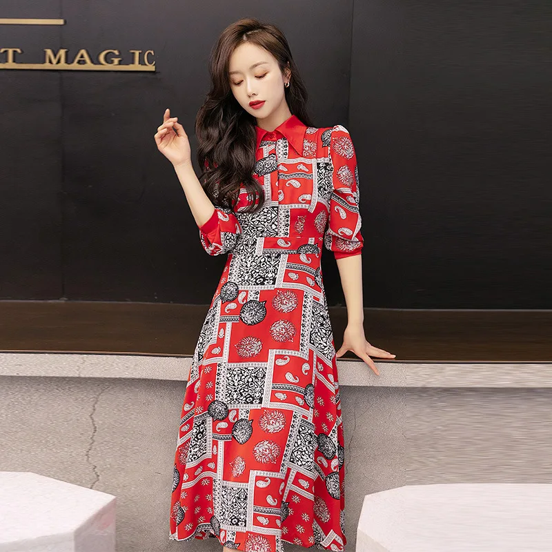 

Trend of Fashion 2020 Spring Goddess-Style Elegant Elegant Retro Printed Long Sleeve Slim Fit Mid-length Dress