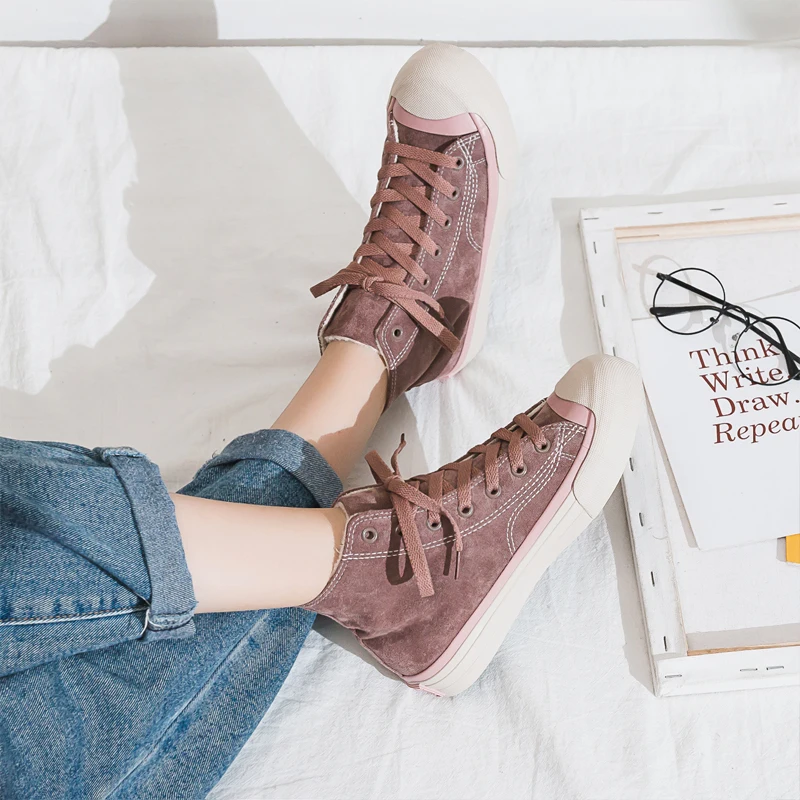Winter Plush High-Top Women Canvas Shoes Comfortable Flat Warm Breathable Flock Shoes Winter New Fashion Trendy Shoes Women