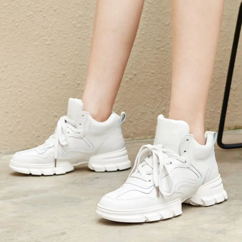 Taoffen Women Fahion Genuine Leather White Sneakers Shoes Woman Round Toe Vulcanized Shoes Casual Women Footwear Size 35-39