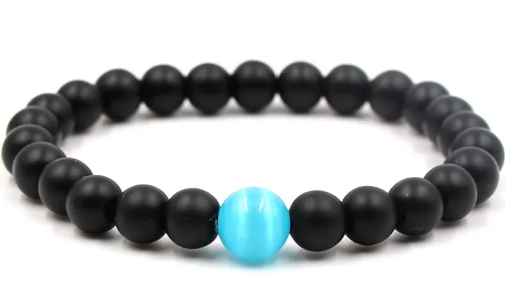 Бусины из голубого опала 10 мм эластичный браслет с резьбой регулируемый 8 черный