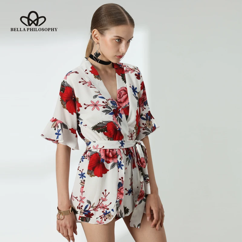 Женский комбинезон Bella Philosophy летний короткий с цветочным принтом и оборками