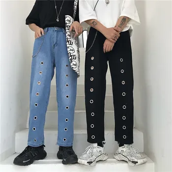 

2019 Women Fashion Autumn Washed Hole Jeans Causal Pockets Zippers Demine Pants Harajuku Loose Wide Leg Trousers
