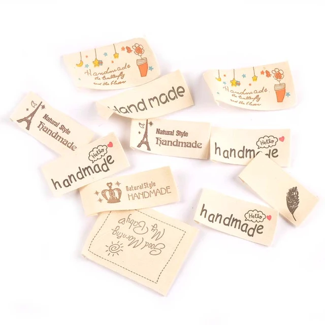 50pcs Mixed Beige Handmade Printed Cotton Woven Labels For Clothing Care Label  Washable Garment Tags Sewing Accessories c2395