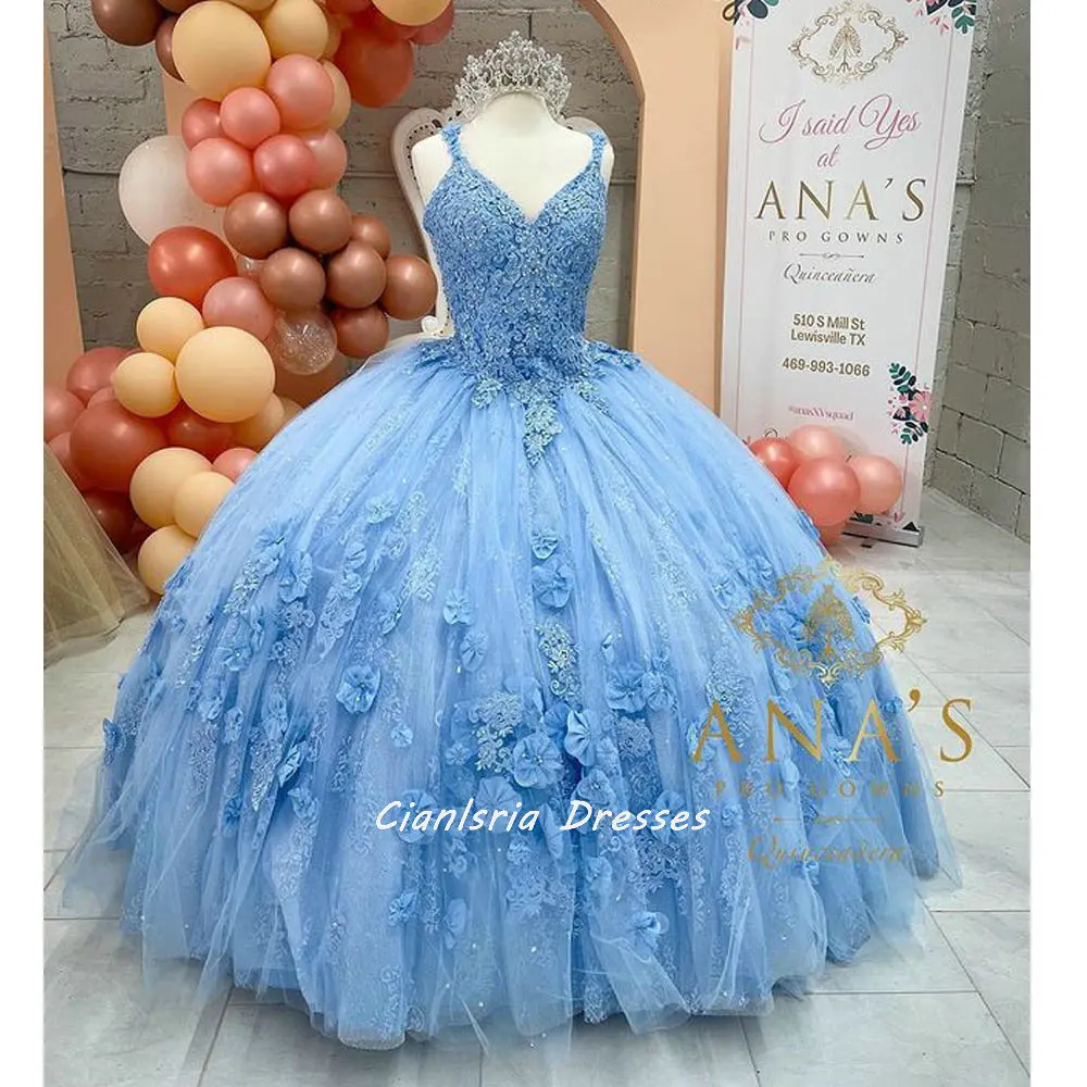 Light Blue Spaghetti Straps Crystal 