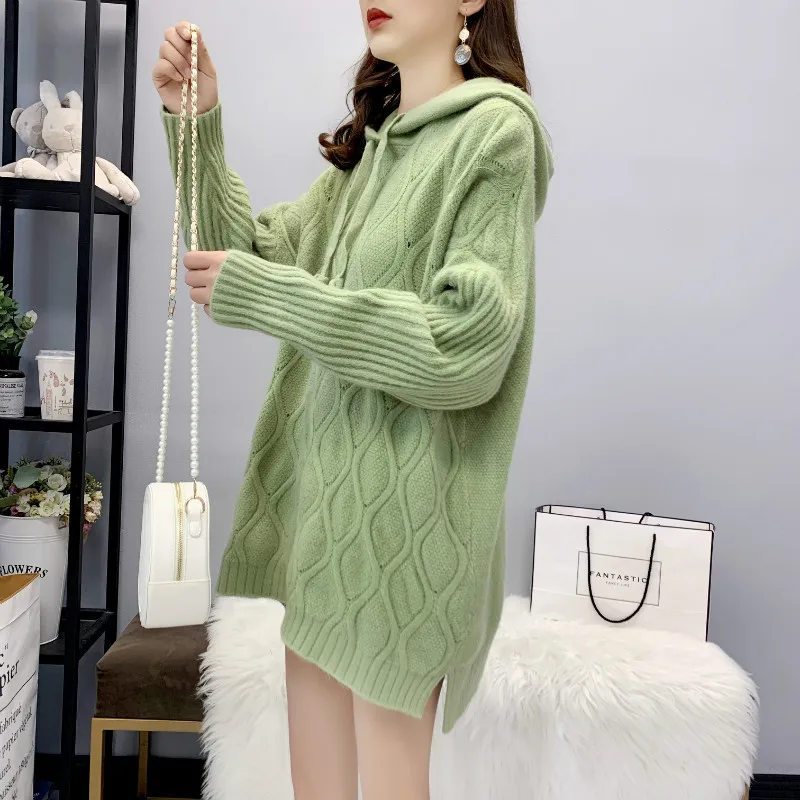 LM19157 Green H. SA свитер, джемпер, Женский вязаный свитер с капюшоном, Осень-зима, скрученный свитер для женщин, casaco feminino kawaii Robe, шикарный свитер - Цвет: LM19157 Green