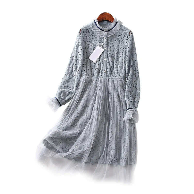 

A Generation of Hollow out Lace Crochet Elastic Waist Hugging Gauze Joint Mid-length Dress Women's Entity