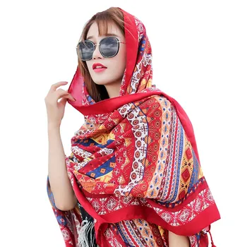 

180x100cm Fashion Print Portable Summer Beach Tassel Pendant Ethnic Style Gift Women Scarf Holiday Cotton Linen Sun Protection