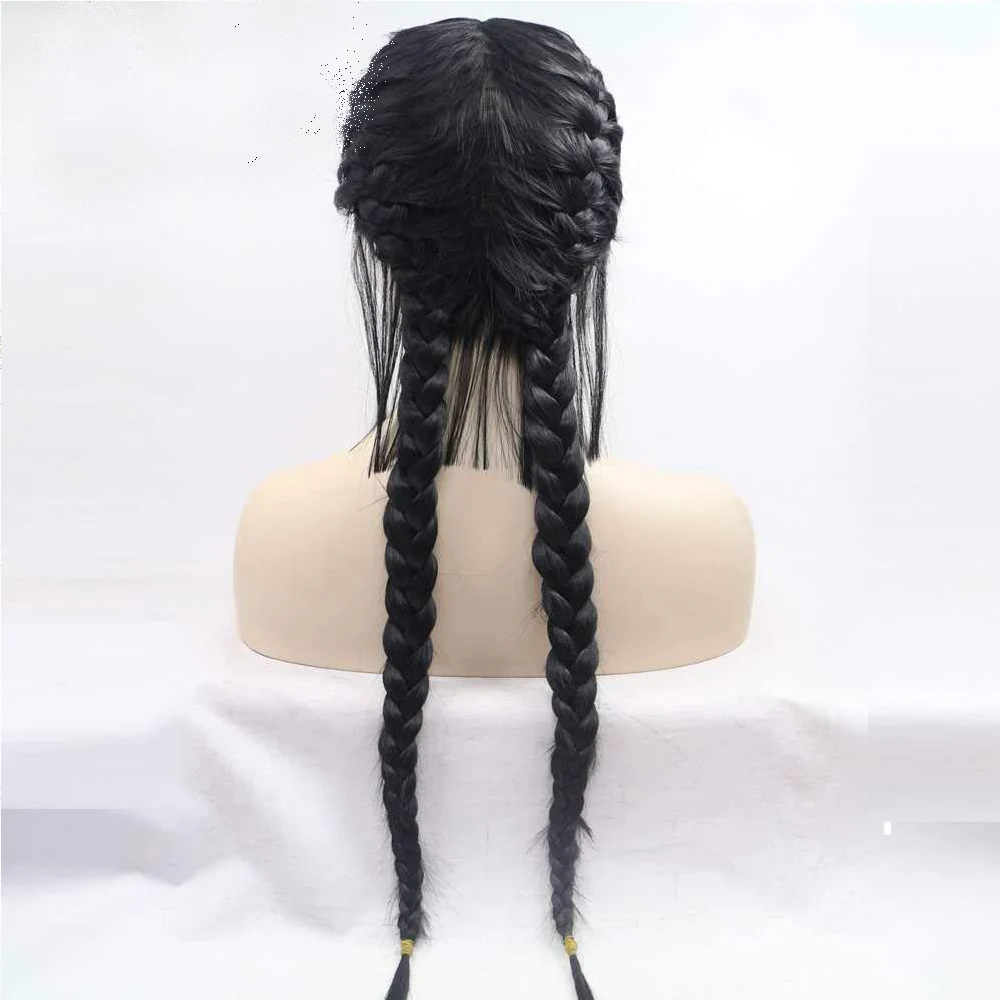 Melody Long 24" Black Braided Wig 2 Braids Highlight Big Braiding Synthetic Wig for Women
