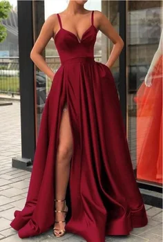 

Burgundy Satin Sexy V-neck Evening Dresses Spaghetti Strap High Slit Sweetheart Prom Gowns Plus Size Wedding Party Guests Dress