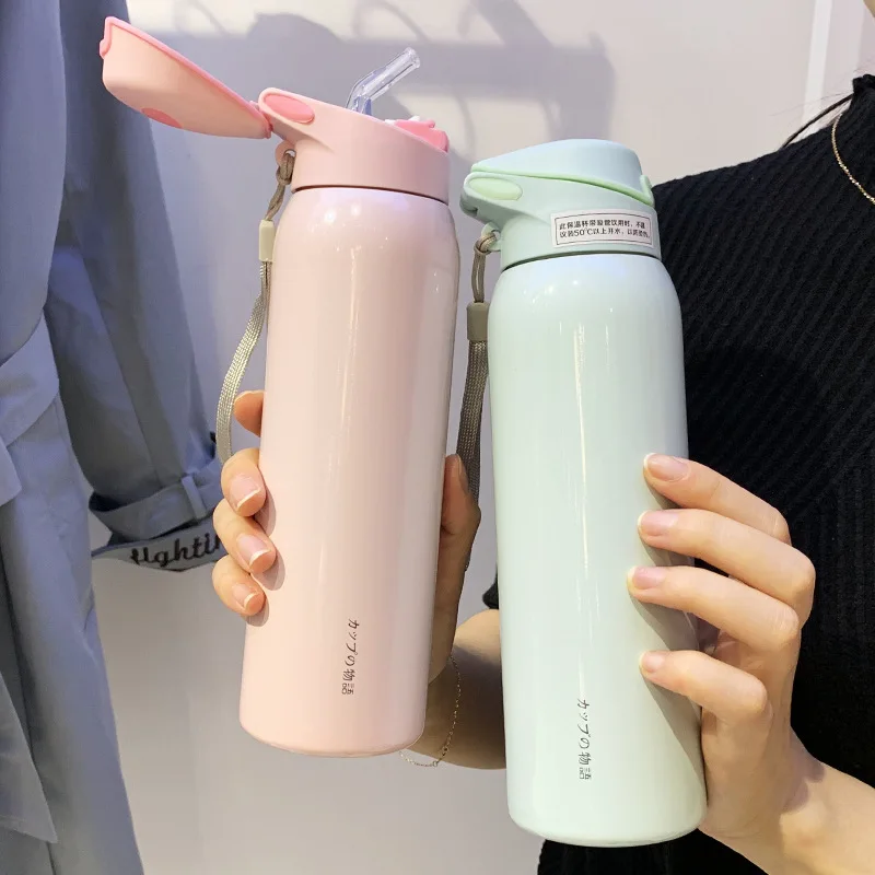 

With Insulated Stainless Steel Bottle Women's Portable Korean-style Children Students Straw Simple Glass Korean Style Bullet MOR