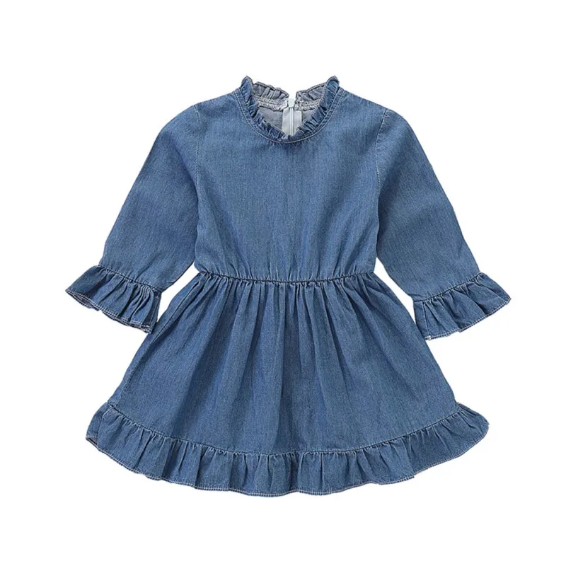 

2019 Autumn Casual Baby Girls Long Flare Sleeve Denim Dress Kids Toddler Pageant Sundress