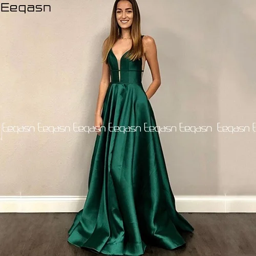 Зеленый Vestidos De Gala сексуальное зеленое атласное платье с v-образным вырезом для выпускного вечера с карманами Длинное Элегантное платье трапециевидной формы с открытой спиной для формальной вечеринки - Цвет: Зеленый