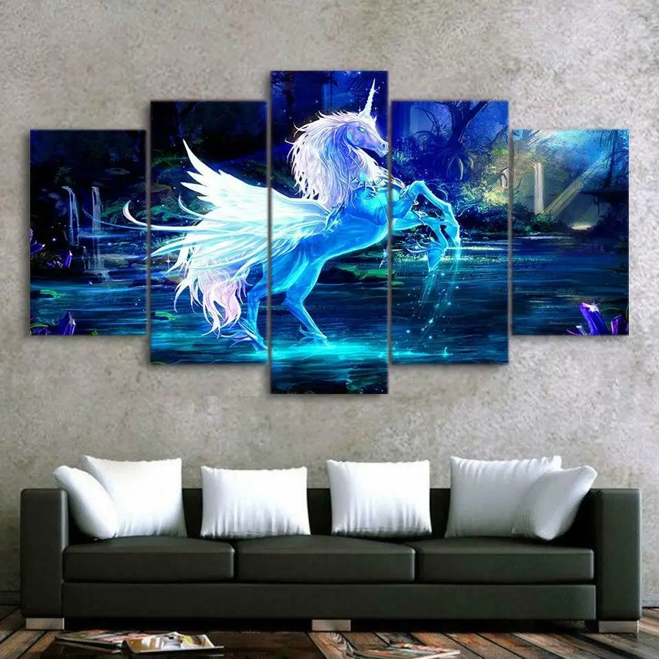 

3D White & Blue Fantasy Horse 5 piece Canvas Picture Print Wall Art Canvas Painting Wall Decor for Living Room