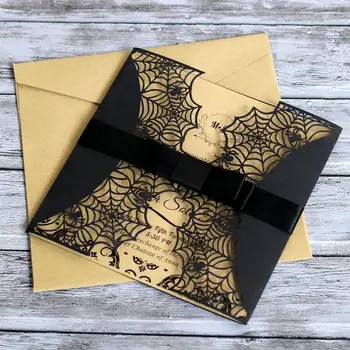 

10pcs Creative Cut Halloween Invitations Card Hollow Horror Party Invitations Cards Spiderweb Design Cards with Bowknots (Black)