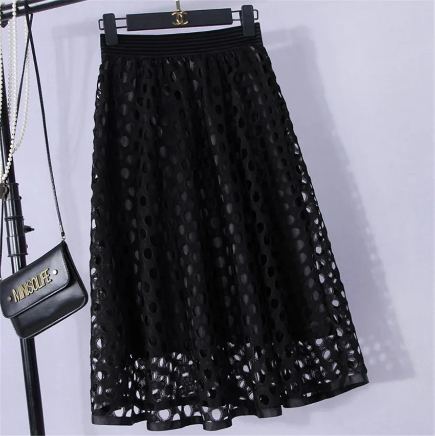 

2020 Tulle Skirts Womens Midi Pleated Lace Skirt Spring Summer Korean Elastic High Waist skirt Fashion Casual Long skirts womens