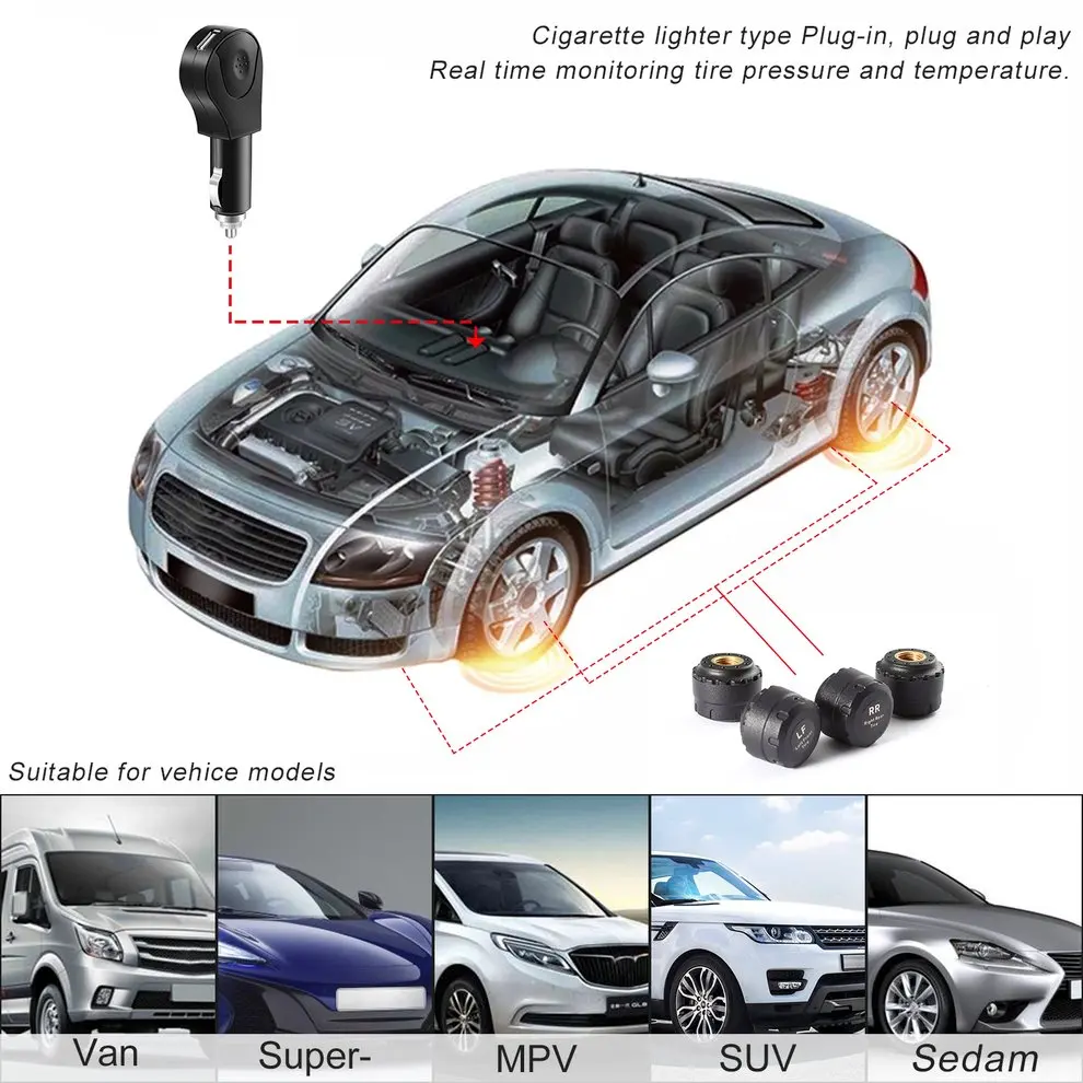 Plug& Play беспроводная система контроля давления в шинах с подключенным автомобильным зарядным устройством 4 внешних датчика без ЖК-экрана