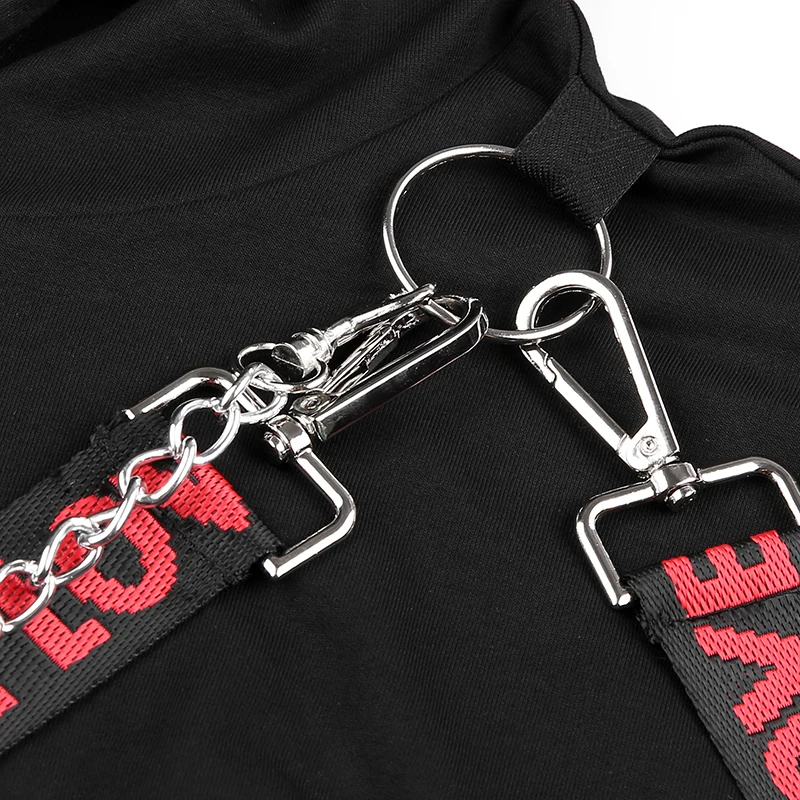 Sweetown черные панк готические женские толстовки с металлическими цепочками с вырезами с длинным рукавом Женские s кроп Толстовки Кофты Уличная