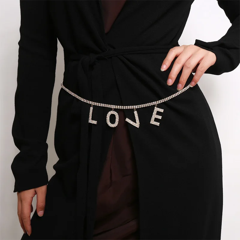 

Brand Fashion Letter Rhinestone Chain Belts for Women All-Match Gold Silver Shine Waist Chain For Jeans Jewelry Party Dress