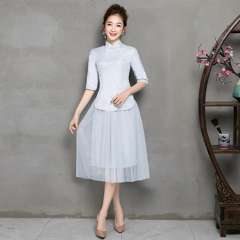 B3 midi gray Комплект из 2 предметов, розовые тюлевые Платья для подружек невесты, вышивка, Cheongsam, винтажный китайский стиль, принцесса, длина до середины икры, платье для выпускного вечера, Vestidos - Цвет: B3 midi gray