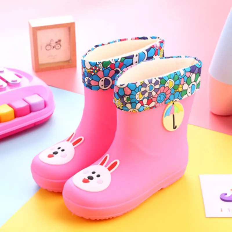 Pink rabbit cotton Милые детские резиновые сапоги с героями мультфильмов детская теплая хлопковая Нескользящая Водонепроницаемая водонепроницаемая обувь из ПВХ дышащая обувь для мальчиков и девочек - Цвет: Pink rabbit cotton