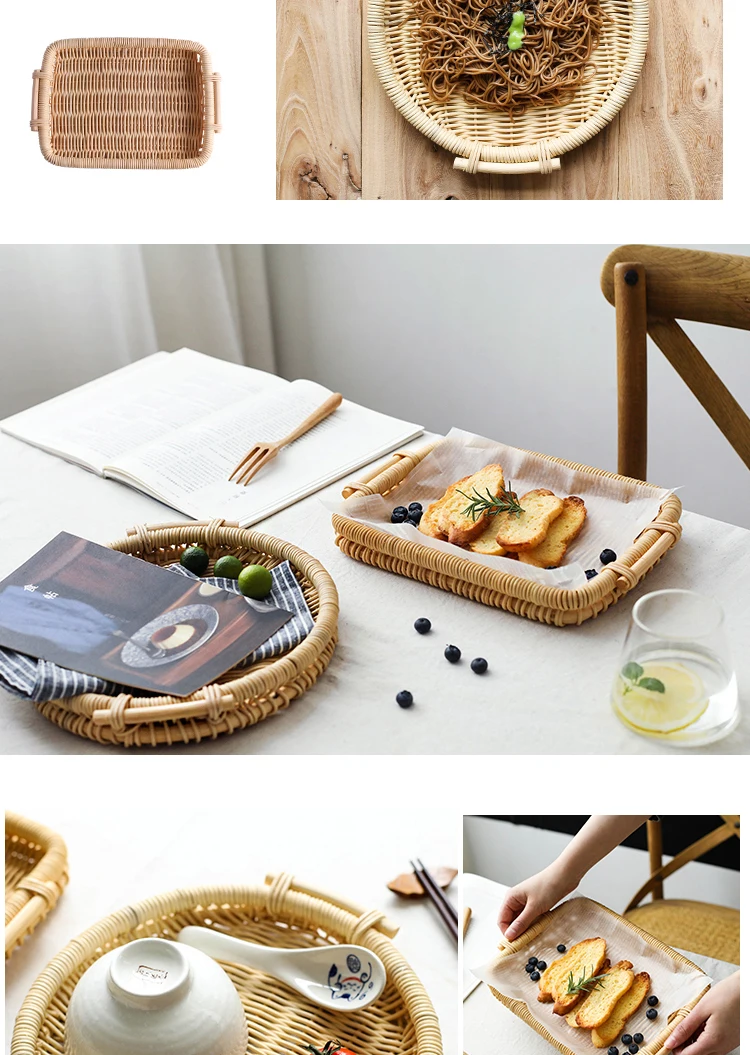 Handmade Bamboo Weaving Storage Bread Basket Fruit Dish Rattan For Kitchen Organizer Food Picnic Tray Container Panier Osier