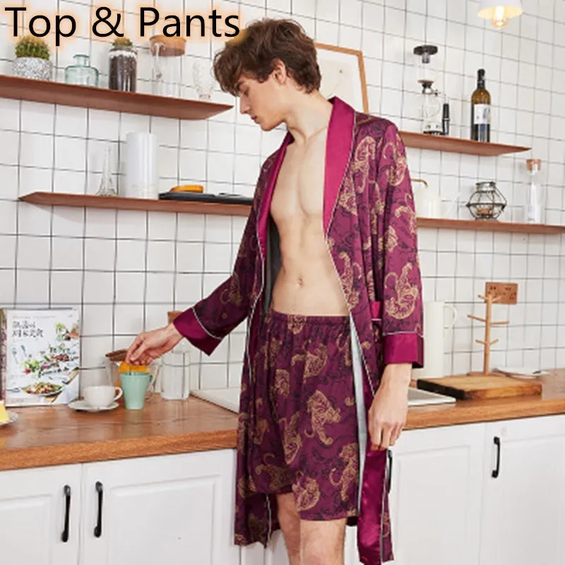 SAMWESTART Men's Stain Silk Pajamas Robe Sets Long Sleeve Short Pants Nightwear Gray Wine Red Loungewear Home Leisure Nightgrown SAMWESTART Men's Stain Silk Pajamas Robe Sets Long Sleeve Short Pants Nightwear Gray Wine Red Loungewear Home Leisure Nightgrown