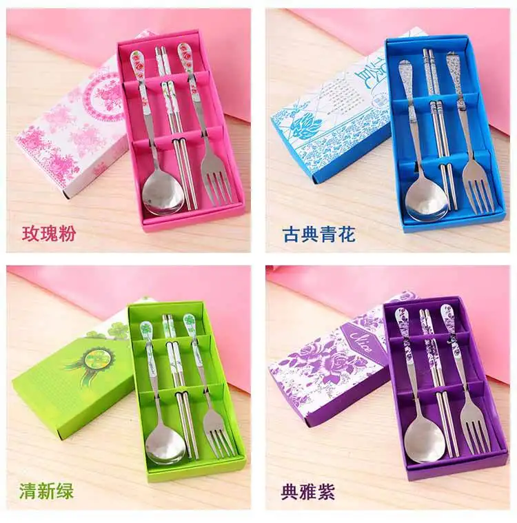 Portable Chinese-style Tableware Three-piece Set Stainless Steel Cutlery Chopsticks Spoon Fork Tableware Set Wholesale