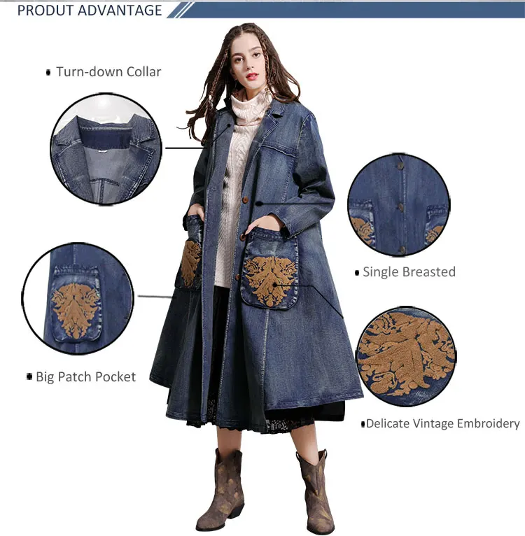 LZJN Denim Jacket Coat Ladies Long Retro Vintage Overcoat Outwear Vintage Embroidered Large Pocket Loose Female Coat Long