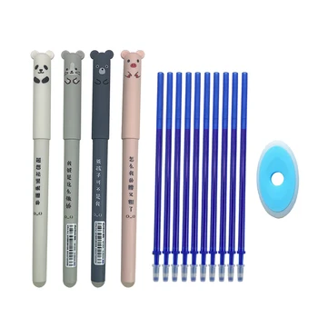 

4+10 Pcs Animals Erasable Pen 0.35mm Cute Panda Cat Pens Washable Handle Gel Pen 0.35 mm Refill Rods School Stationery