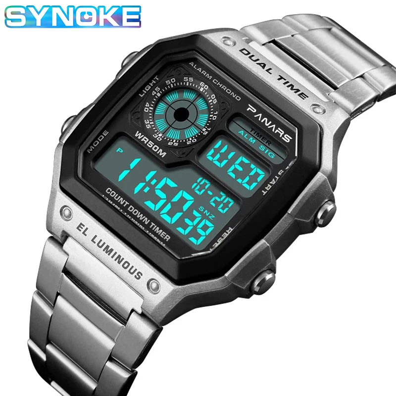 SYNOKE Men's Sports Watches Business Stainless Steel Digital Watch Men Military Wristwatch 5ATM Waterproof montre sport homme mibro a1 smartwatch 1 28 hd touch screen bt5 0 heart rate spo2 sensor 20 sports modes 5atm waterproof black