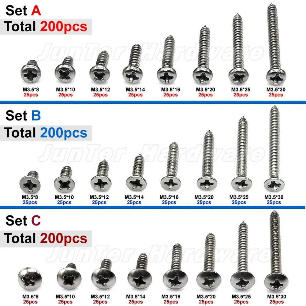 

200pcs M3.5(3.5mm) A2 Stainless Steel Phillips Pan Flat Truss Head Self Tapping Screws Assortment