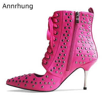 

Punk Style Studs Rivet Ankle Boots Women Sexy Pointed Toe Metal Stiletto Heel Catwalk Shoes Woman Cross Tied Hollow Short Boots