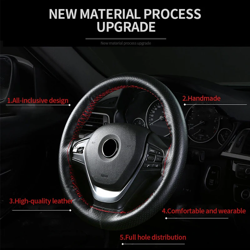Premium Universal Genuine Leather Steering Wheel Cover - Anti-Slip Braided Cowhide Protector
