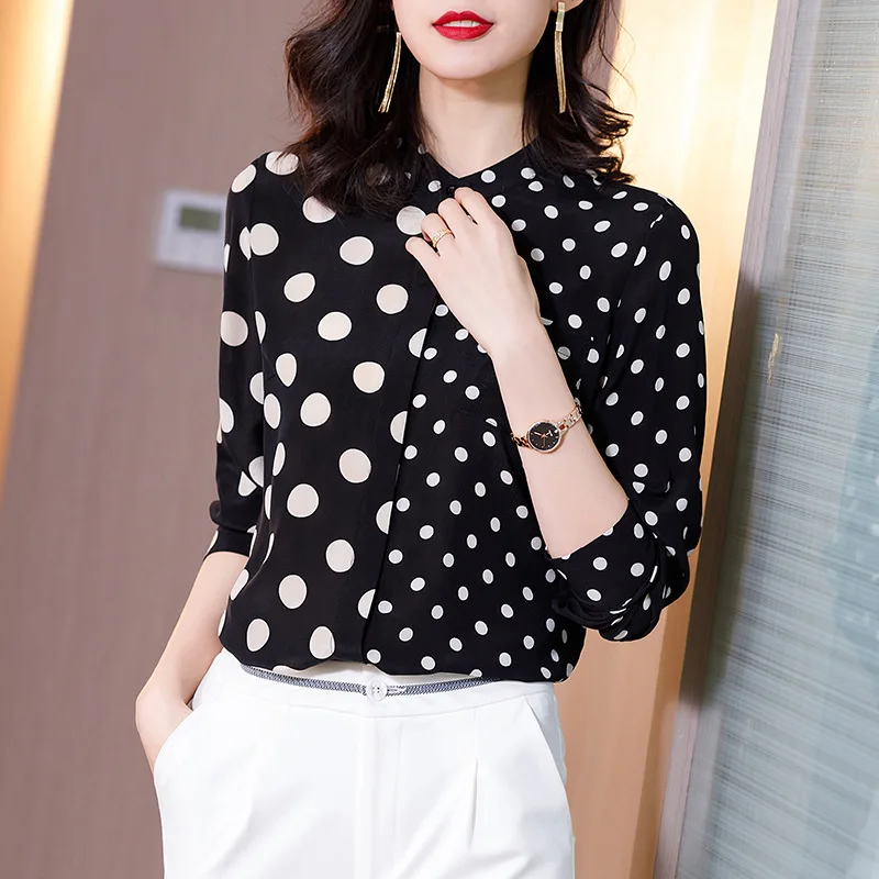 

2020 Spring Women's Black Wave Pointed Printng Shirts and Blouses Long Sleeved Stand Collar Black Tops 100% REAL SILK Clothes