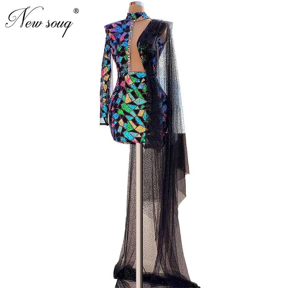 

2020 Glitter Multi Color Prom Dress Short Illusion Red Carpet Runaway Girls Pageant Party Night Gown Middel East Evening Dresses